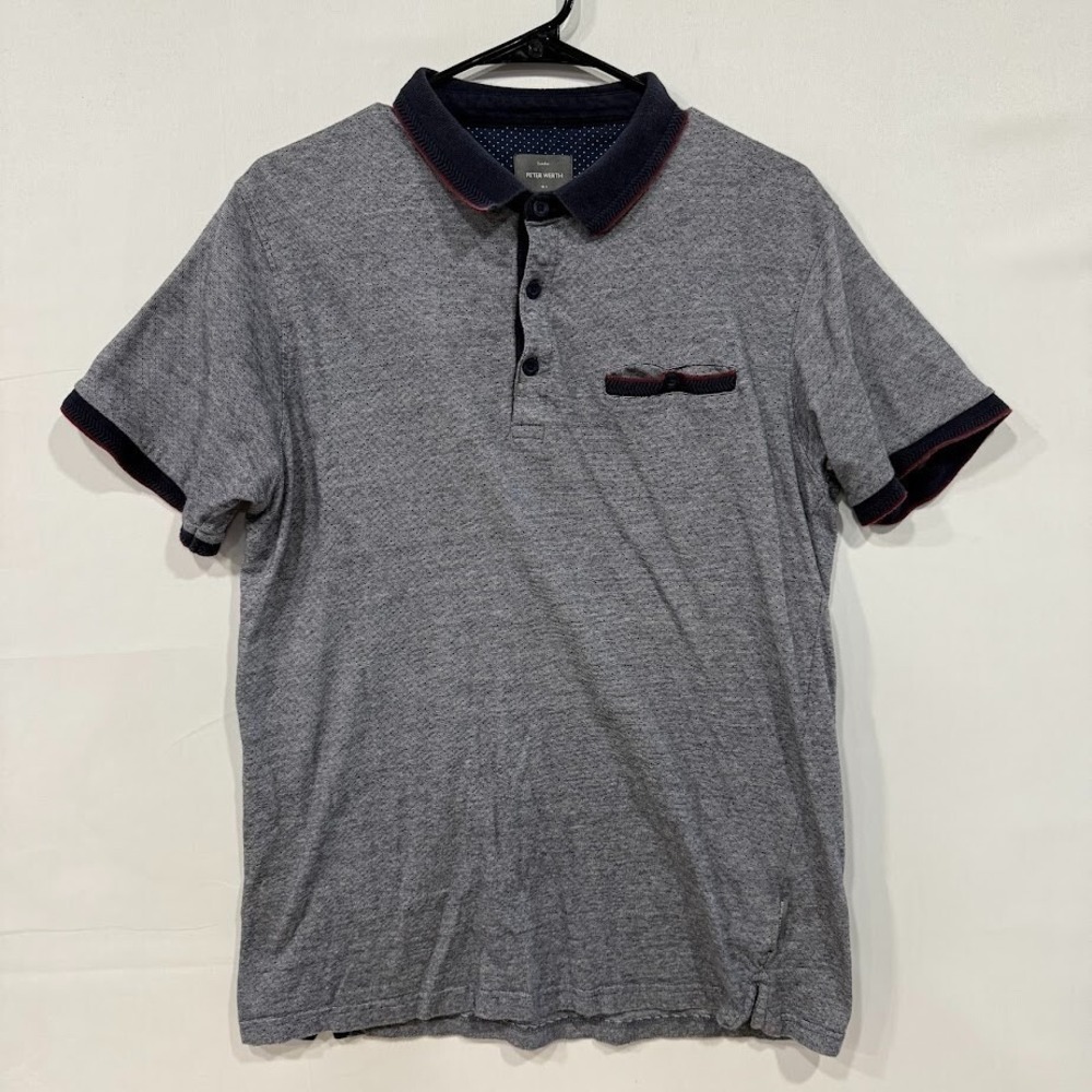 Peter Werth London Mens Grey Textured Short Sleeve Polo Shirt Large Navy Trim